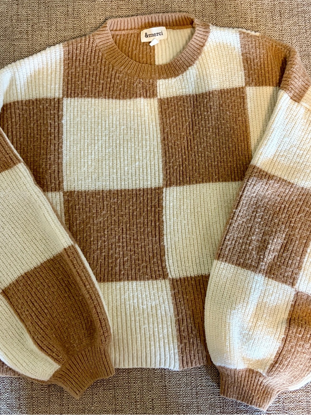 &merci Cream and Brown Checkerboard Crewneck Sweater